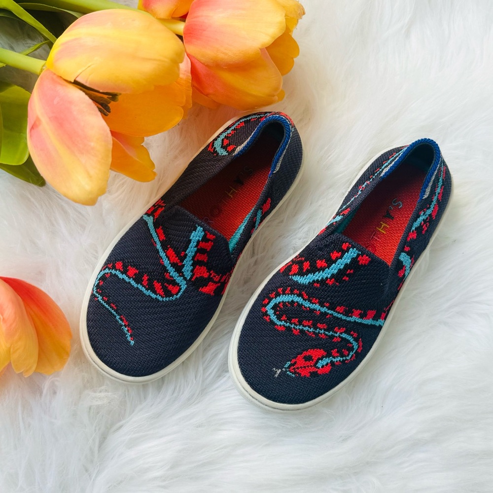 Rothy's Kids Navy Slip-On Sneakers with Red & Teal Snake Motif